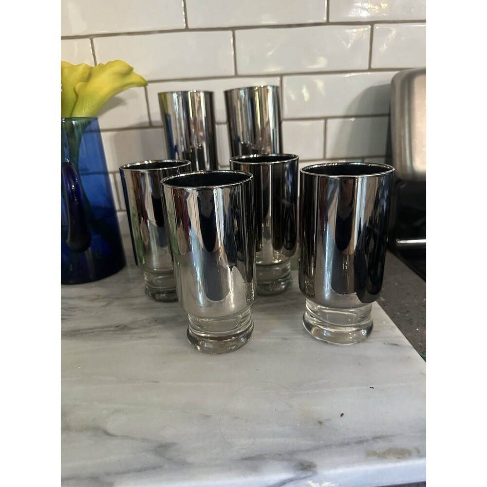 Set Of 6 Mercury Coated Footed Collins Glasses Clear Glass Base Solid Silver Cup